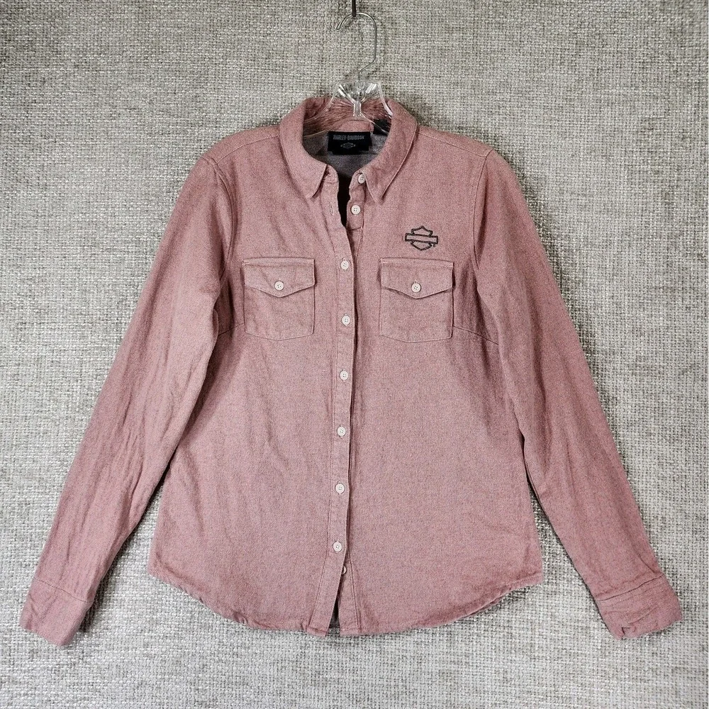 Harley Davidson Chrome Warrior Melange Shirt Womens S Pink Button Up‎ Flannel